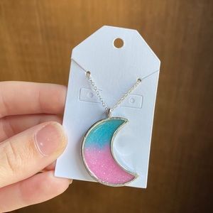 Cotton candy blue/pink crescent moon silver necklace
